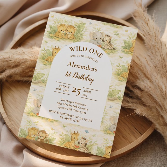 Convites Watercolor Safari Animals First Birthday (Criador carregado)