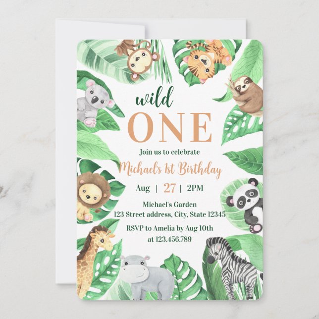 Convites Watercolor Safari Animals Wild One 1st Birthday (Frente)