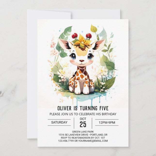 Convites Watercolor Safari Journey Giraffe Birthday (Frente)