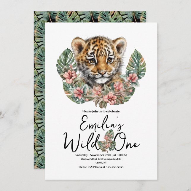 Convites Watercolor Safari Wild One Baby Tiger Cub Aniversá (Frente/Verso)