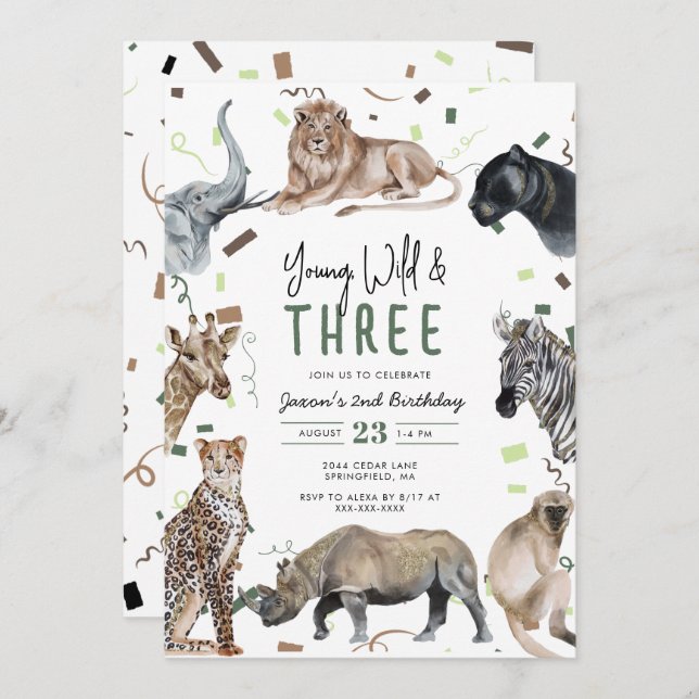 Convites Watercolor Safari Young Wild & Three Birthday (Frente/Verso)