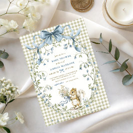 Convites Watercolor Sage Gingham Squirrel Baby Shower