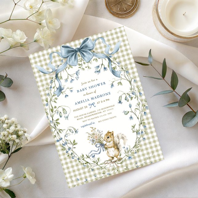 Convites Watercolor Sage Gingham Squirrel Baby Shower (Criador carregado)