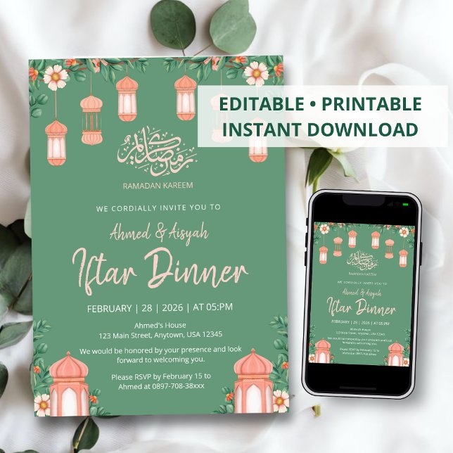 Convites Watercolor Sage Green & Pink Lanterns Iftar (Criador carregado)