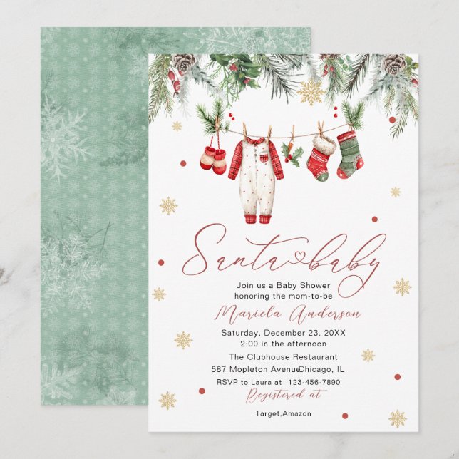 Convites Watercolor Santa Baby Winter  Baby Shower mom-to-b (Frente/Verso)