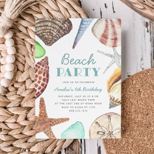 Convites Watercolor Seashell Kids Beach Birthday Party