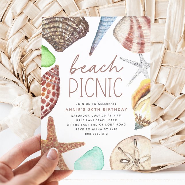 Convites Watercolor Seashell Qualquer Picnic Occasion Beach (Criador carregado)