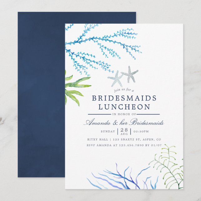Convites Watercolor Seaweed Beach Bridesmaids Luncheon (Frente/Verso)