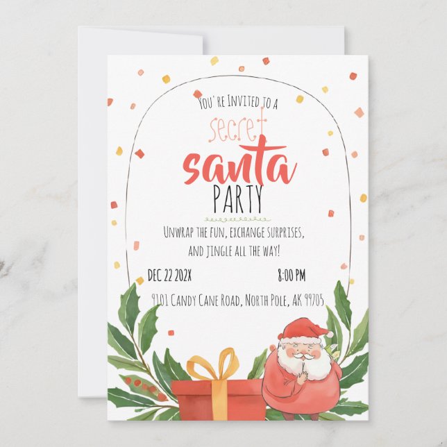Convites Watercolor Secret Santa Christmas Party  (Frente)