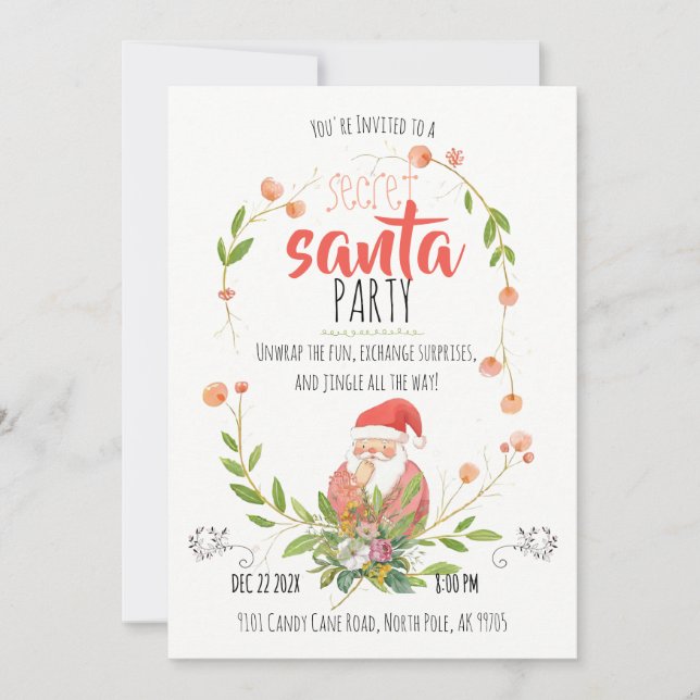Convites Watercolor Secret Santa Wreath Christmas  (Frente)