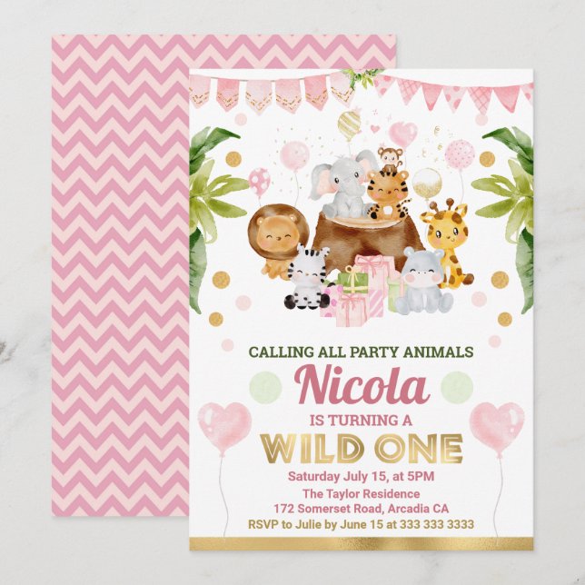 Convites Watercolor Selgle Safari Animal Girls Aniversário (Frente/Verso)