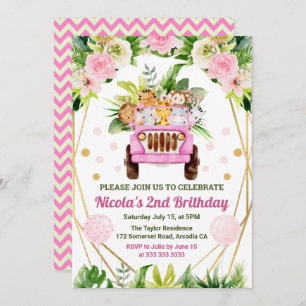 Convites Watercolor Selgle Safari Animal Girls Aniversário