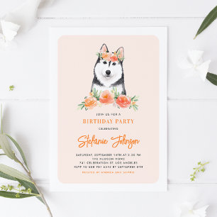 Convites Watercolor Siberian Husky Peach Floral Birday