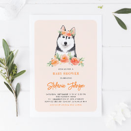 Convites Watercolor Siberian Husky Peach Floral Chá de fral