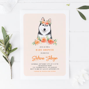 Convites Watercolor Siberian Husky Peach Floral Chá de fral
