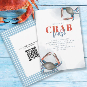 Convites Watercolor Simple Blue Crab Feast Party QR Code