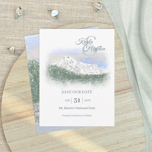 Convites Watercolor, Snowy Mountain, Winter Wedding (Mt. Rainier, Snow mountains, forest wedding save our date card, light green dusty blue)