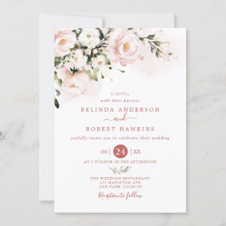 Convites Watercolor soft blush pink floral Wedding