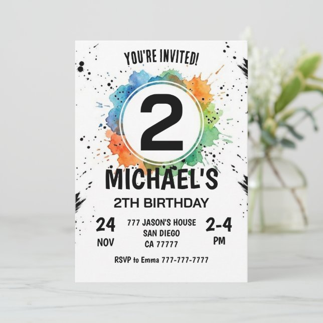 Convites Watercolor Splash Boy 2th Birthday (Em pé/Frente)
