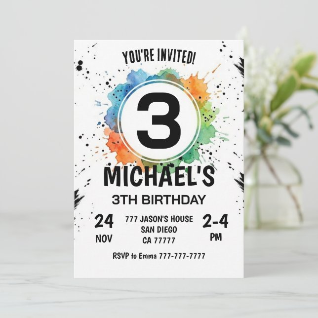 Convites Watercolor Splash Boy 3th Birthday (Em pé/Frente)