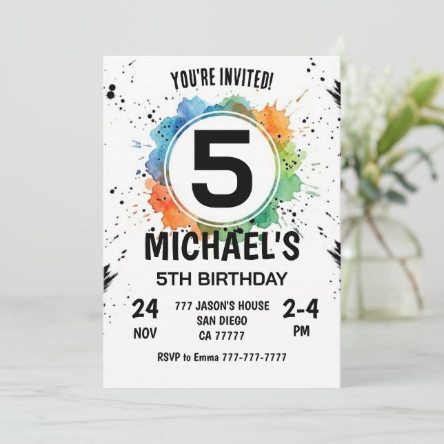 Convites Watercolor Splash Boy 5th Birthday (Em pé/Frente)
