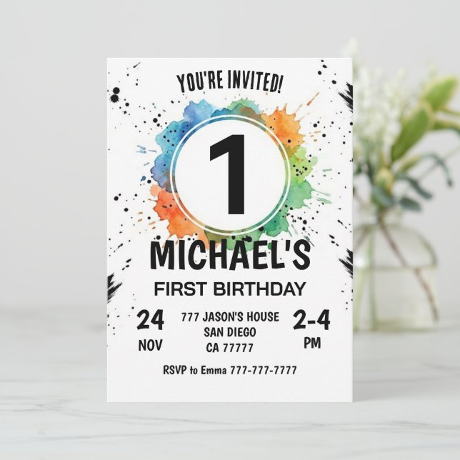 Convites Watercolor Splash Boy First Birthday (Em pé/Frente)