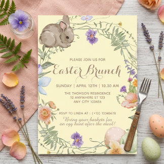 Convites Watercolor Spring Floral Bunny Easter Brunch 