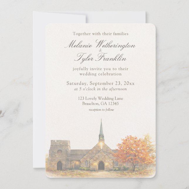 Convites Watercolor Stone Chapel Fall Wedding Invitation (Frente)