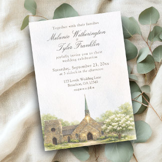 Convites Watercolor Stone Chapel Summer Wedding Invitation