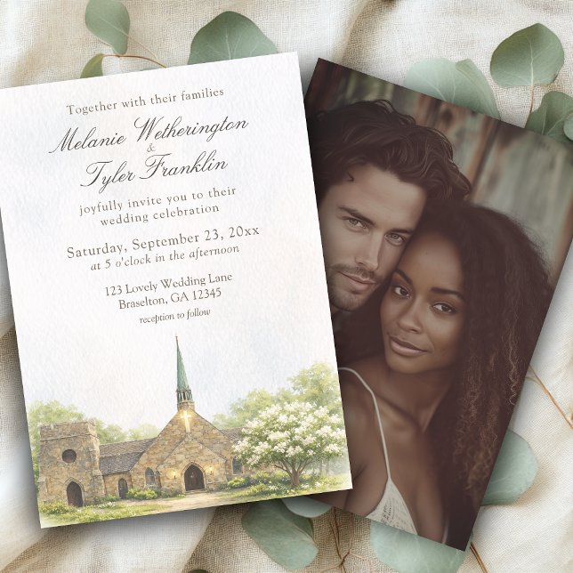 Convites Watercolor Stone Chapel Wedding Photo Invitation (Criador carregado)