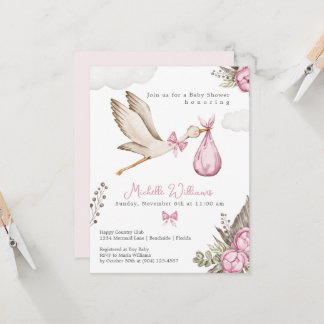 Convites Watercolor Stork Girl Pink Baby Shower Invitation