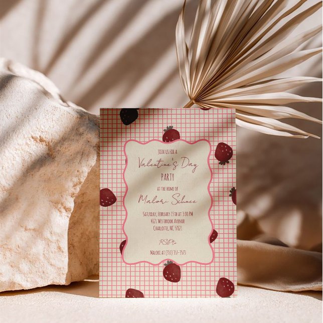 Convites Watercolor Strawberries on Pink Grid- Valentine (Criador carregado)