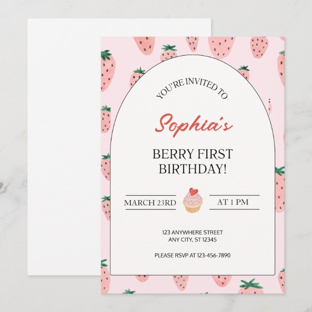 Convites Watercolor Strawberry Berry Primeiro Aniversário (Frente/Verso)