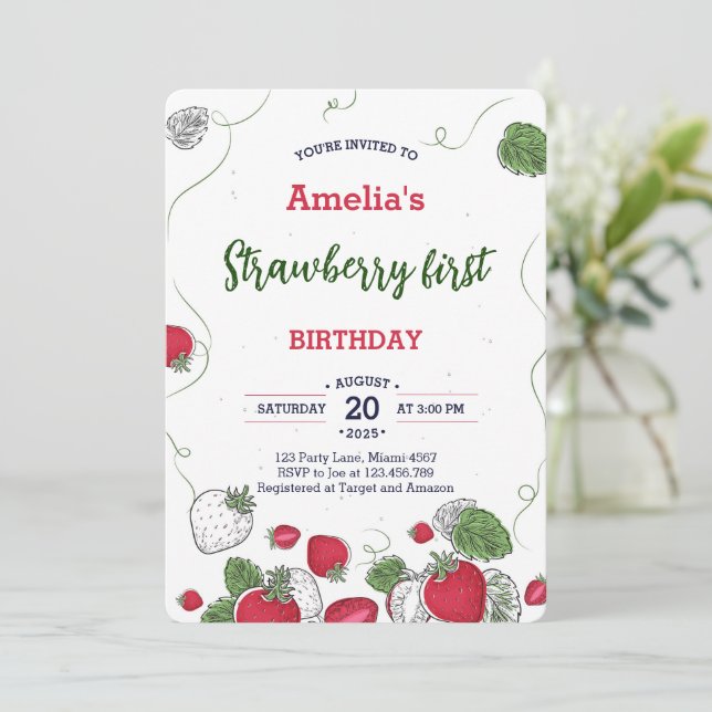 Convites Watercolor Strawberry First Birthday Sweet (Em pé/Frente)