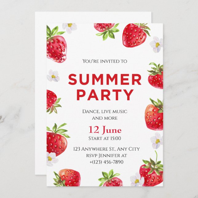Convites Watercolor Strawberry Summer Party (Frente/Verso)