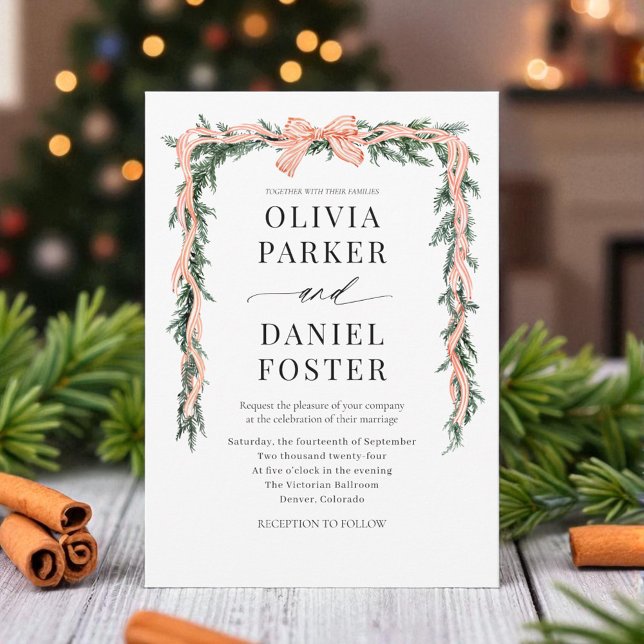 Convites Watercolor Striped Red Bow Christmas Greenery (Criador carregado)