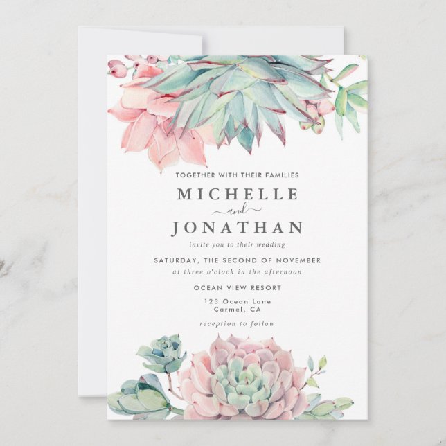 Convites Watercolor Succulent Coastal Wedding Invitation (Frente)