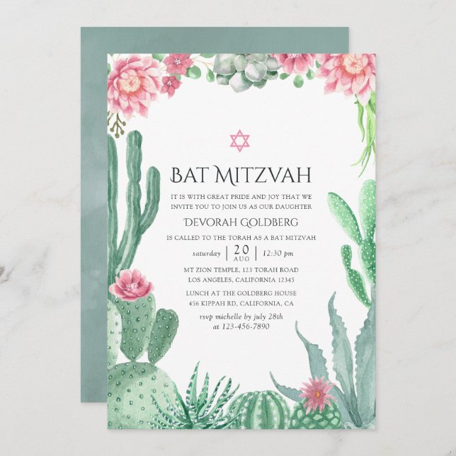 Convites Watercolor Succulents Bat Mitzvah (Frente/Verso)