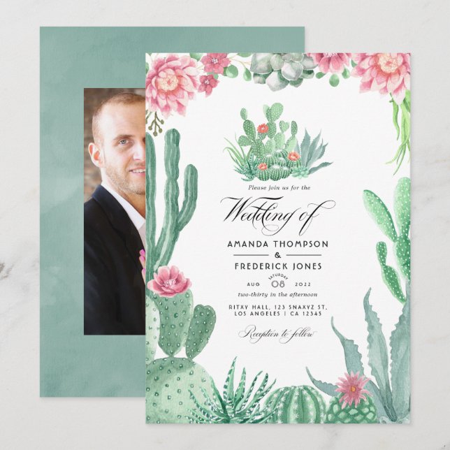 Convites Watercolor Succulents Foto de Casamento (Frente/Verso)