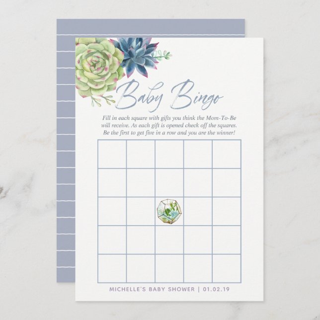 Convites Watercolor Succult Chá de fraldas Baby Bingo (Frente/Verso)