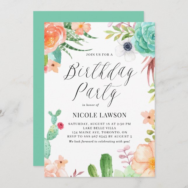 Convites Watercolor Succults and Flowers Fiesta Birthday (Frente/Verso)
