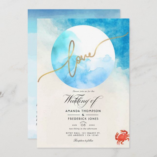 Convites Watercolor Summer Beach Wedding Photo (Frente/Verso)