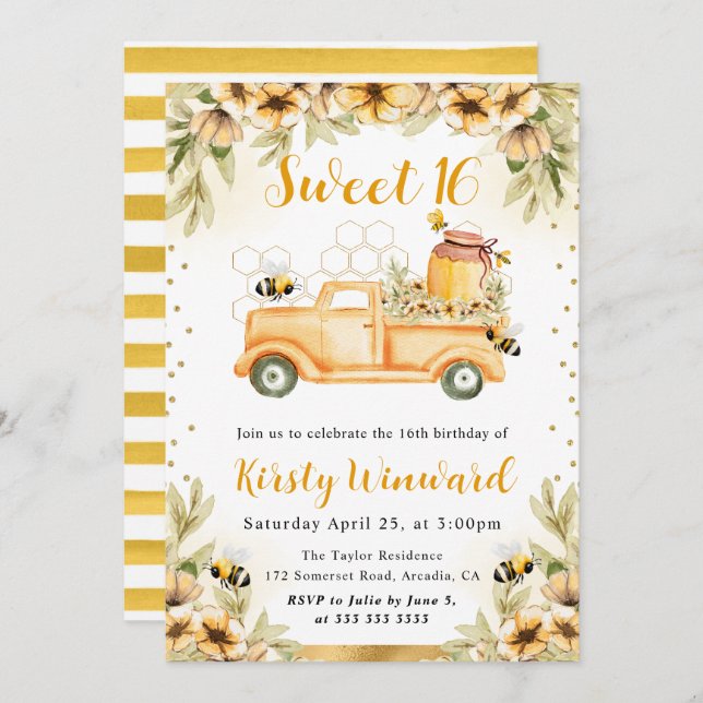 Convites Watercolor Summer Bee Truck & Sunflower Sweet 16 (Frente/Verso)