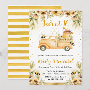 Convites Watercolor Summer Bee Truck & Sunflower Sweet 16