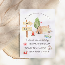 Convites Watercolor Summer Camping Girls Birthday Party