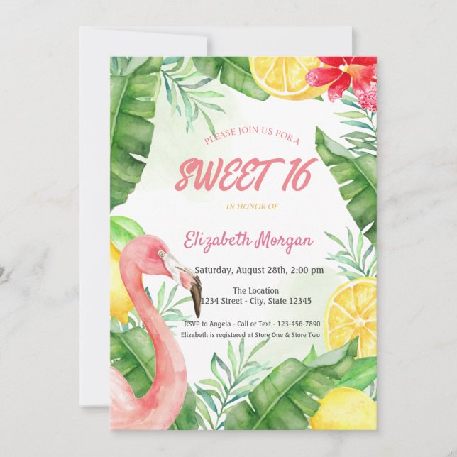 Convites Watercolor Summer Flamingo Sweet 16 (Frente)