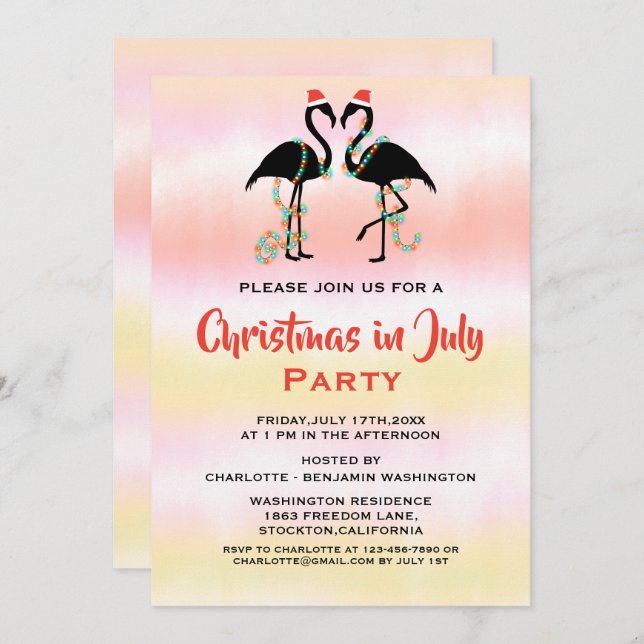 Convites Watercolor Summer Flamingos Natal Em Julho (Frente/Verso)