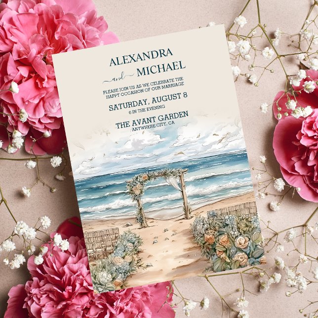 Convites Watercolor Summer Ocean Beach Weding (Criador carregado)