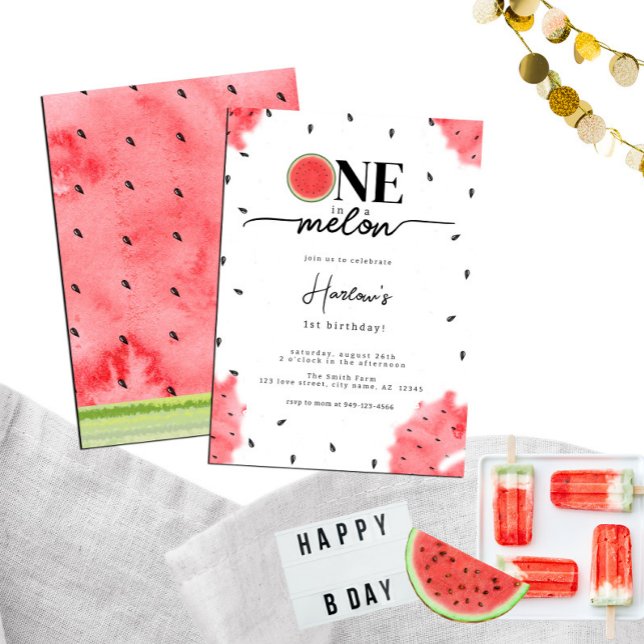 Convites Watercolor Summer ONE num Melão Vermelho Melão (Criador carregado)