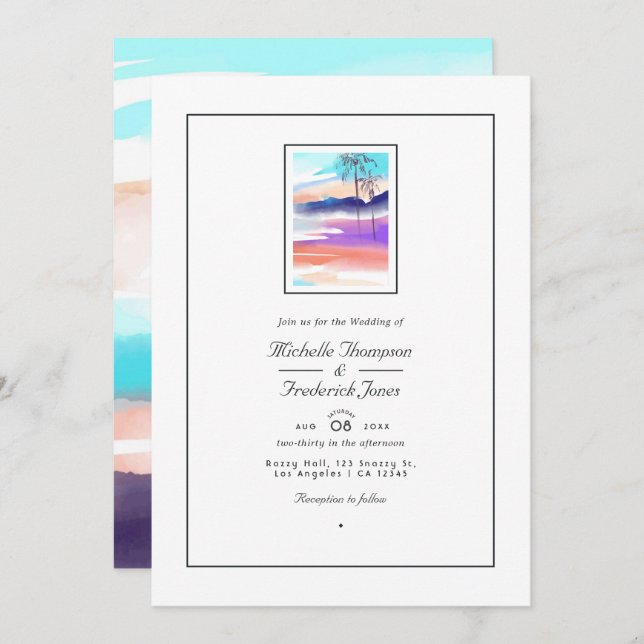 Convites Watercolor Summer QR Code RSVP Beach Weding (Frente/Verso)